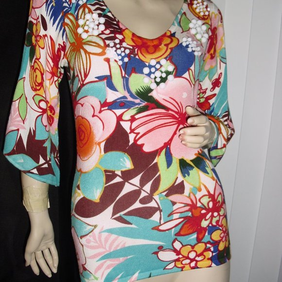 Boston Proper,aqua,seafoam gr,white chalk beads,stretchy,split 3/4 slv,Brand New - Picture 1 of 4